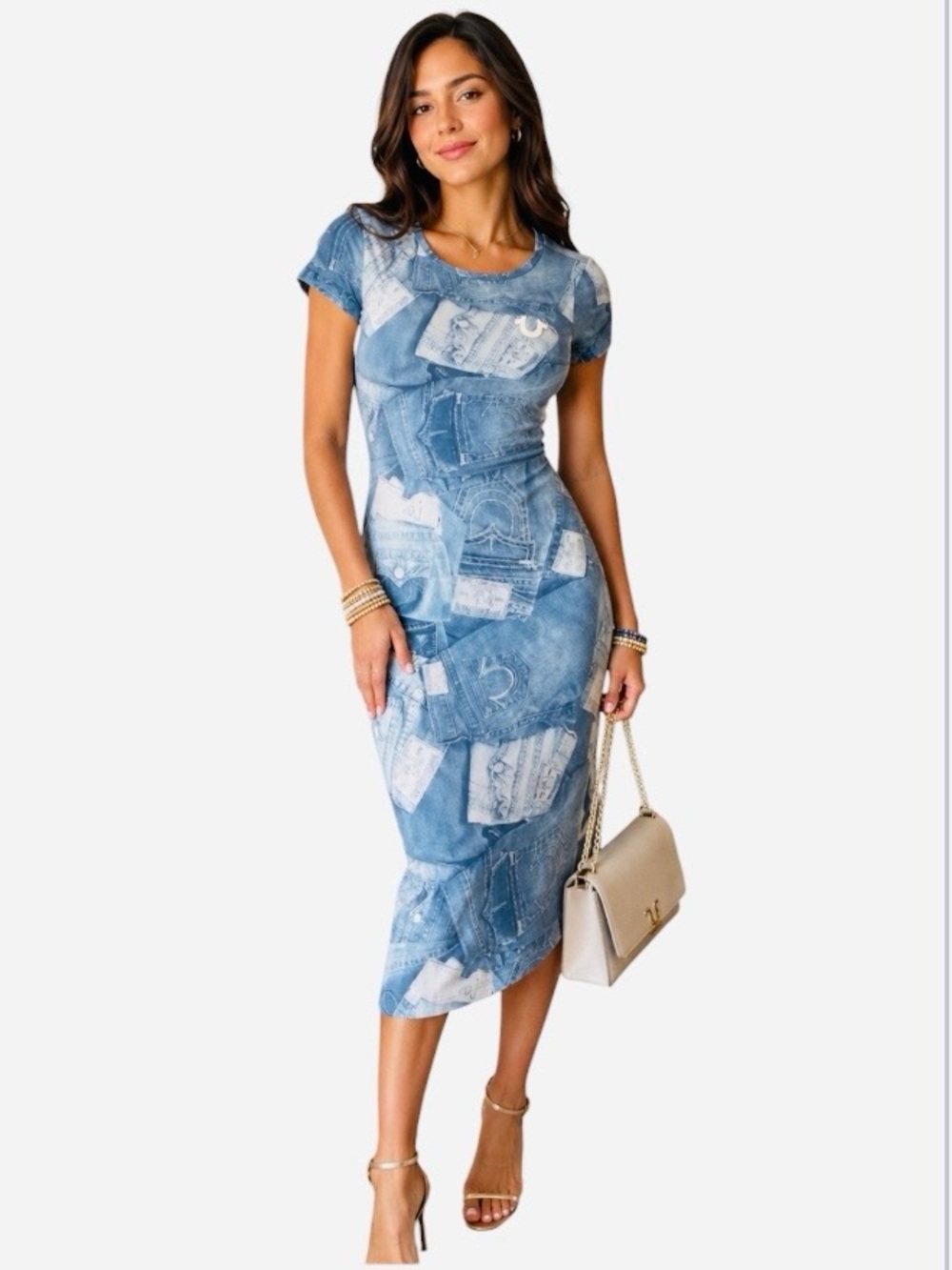 True Religion Light Blue Graphic Print Midi Dress Size: Medium